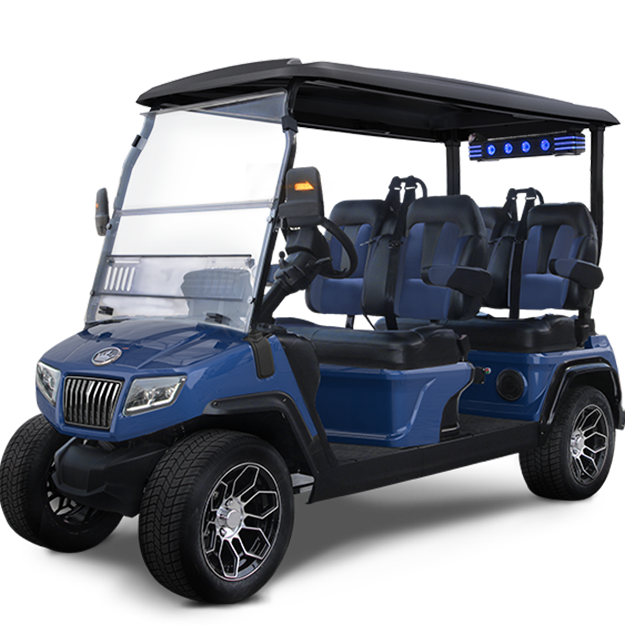 A blue golf cart with four seats and a canopy on a white background.