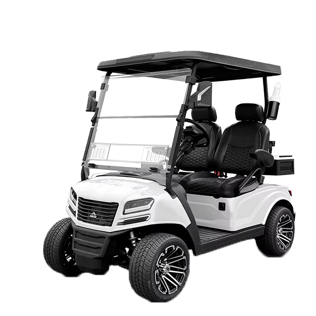 A black golf cart with a roof on a white background.