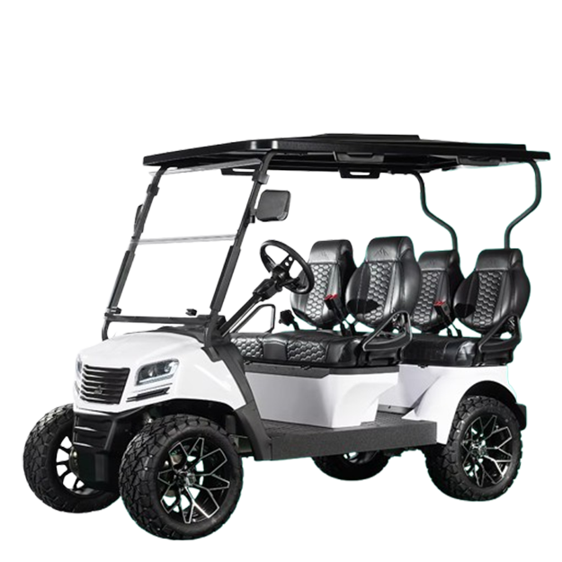 A blue golf cart with four seats and a canopy on a white background.
