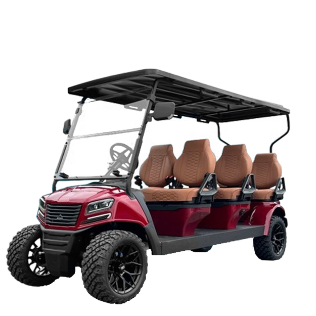 A red golf cart with black seats on a white background