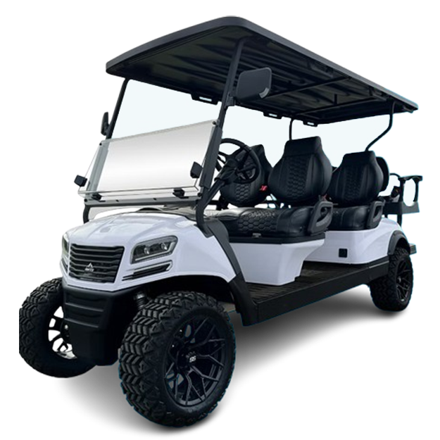 A red golf cart with black seats on a white background