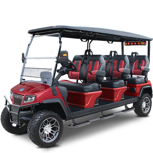 A red golf cart with black seats on a white background