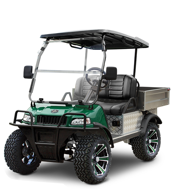 A green golf cart with a black seat on a white background.