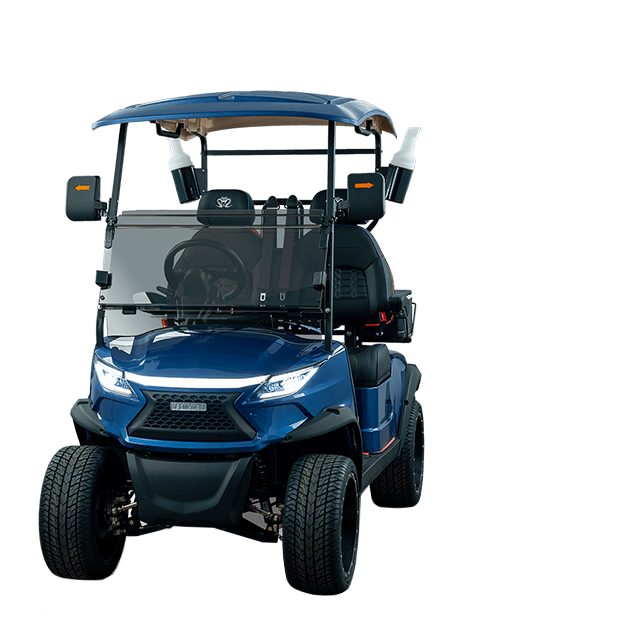Blue golf cart with black tires and roof; parked outdoors.