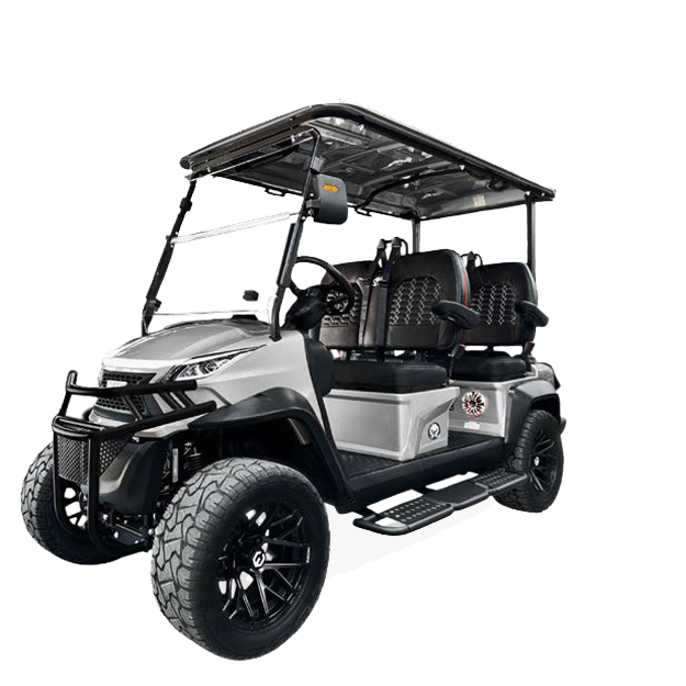 Silver and black golf cart with off-road tires and a roof, parked outdoors.