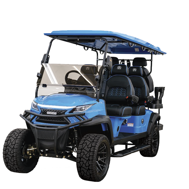 A red golf cart with black seats on a white background