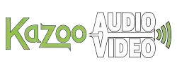 Logo for Kazoo Audio Video, featuring text in green and white with soundwave icon.