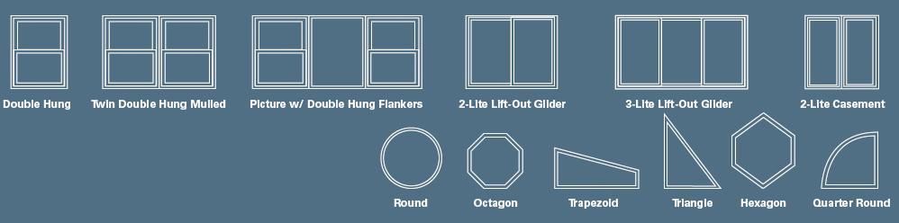 A drawing of different types of windows on a blue background