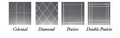 Four different types of glass are shown , colonial , diamond , prairie , and double prairie.