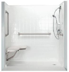 A white shower stall with a seat and handrails.