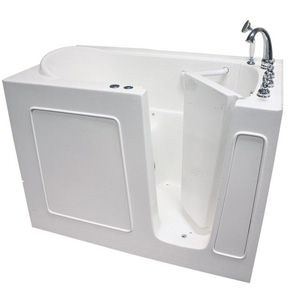 A white walk in tub with a door open and a faucet.