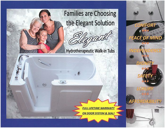 An advertisement for a walk in tub that says families are choosing the elegant solution