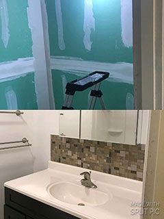 A bathroom with a sink and a mirror before and after being remodeled.
