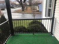 A porch with a black railing and a green rug.