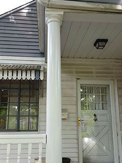 The front of a house with a porch and a door.