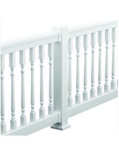 A white railing with wooden balusters on a white background.