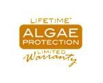 A lifetime algae protection limited warranty logo on a white background.