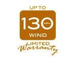 A sign that says up to 130 mph wind limited warranty.