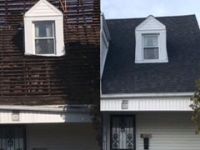 A before and after picture of a house with a black roof.