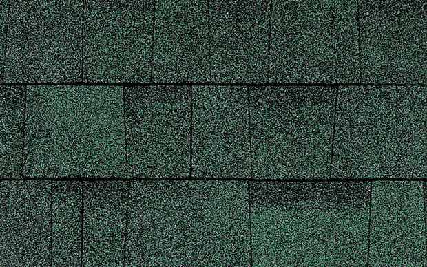 A close up of a green roof shingle.