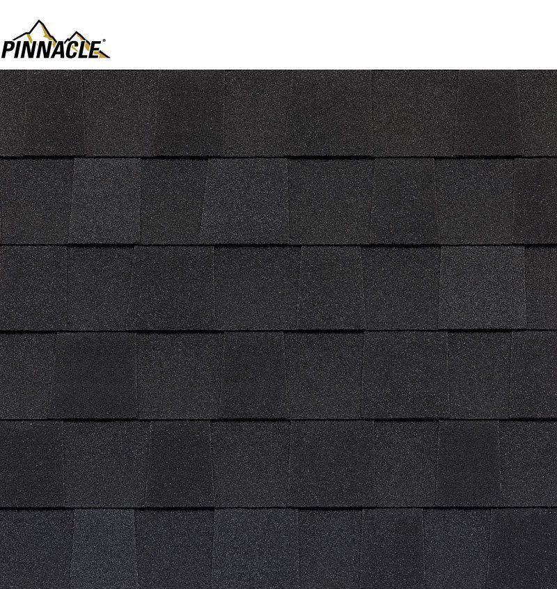 A row of black pinnacle shingles on a white background