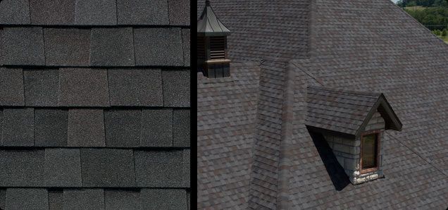 A close up of a roof with shingles and a window
