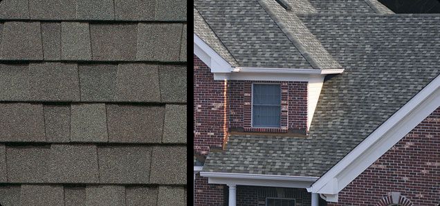 A picture of a roof and a picture of a brick house.