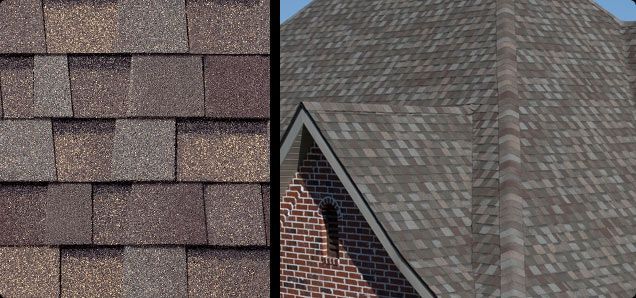 A picture of a roof and a picture of a brick house.