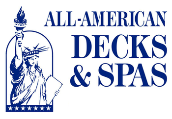 The logo for all american decks and spas shows the statue of liberty holding a torch