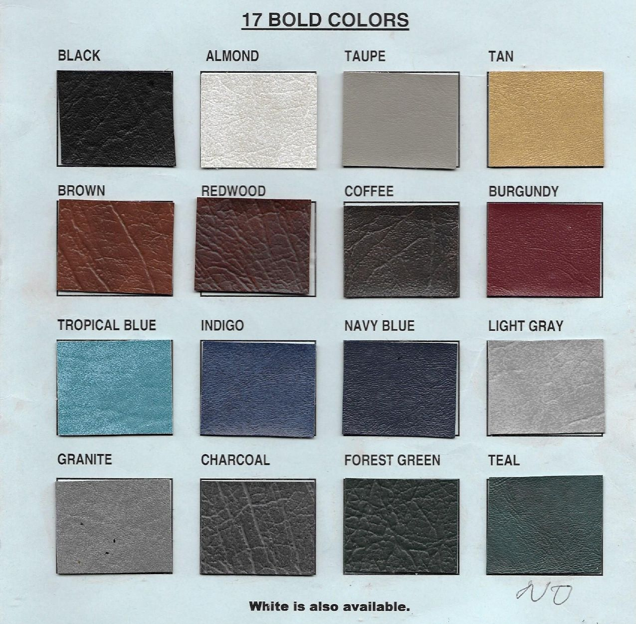 Color swatch chart with 17 colors, arranged in labeled squares on a white background