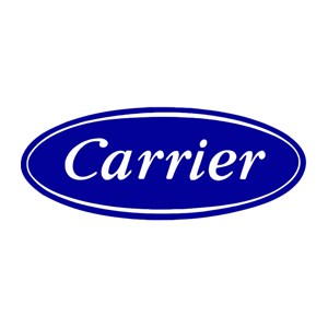 Carrier logo in white script on a blue oval background