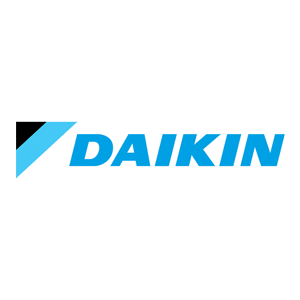 Daikin logo in blue with a black and cyan triangular icon on a white background