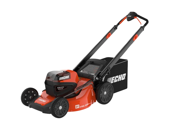 A red and black echo lawn mower on a white background
