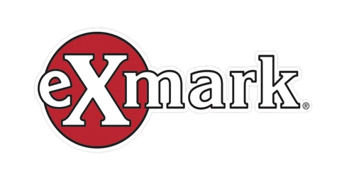 A red and white logo for exmark on a white background.