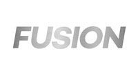 Gray italic word “FUSION” on a white background