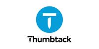 Thumbtack logo: white T on a blue map pin above the black wordmark
