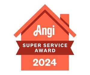 Angi Super Service Award 2024 badge. Orange house shape with red banner reading 