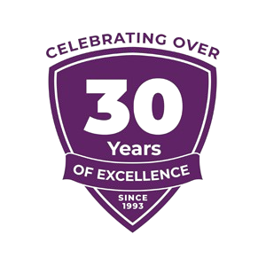 Purple badge celebrating over 30 years of excellence, since 1993, with the number 30 in white.