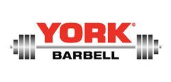 YORK Barbell logo with red text and a gray barbell icon on a white background