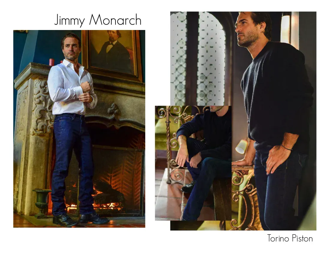 A picture of jimmy monarch standing next to a fireplace