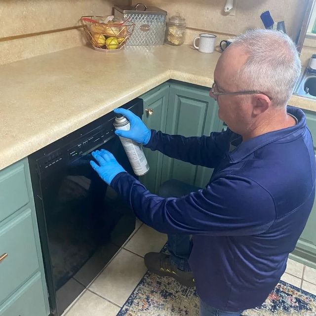 A person wearing blue gloves sprays a cleaner onto a black dishwasher in a kitchen with green cabinets.