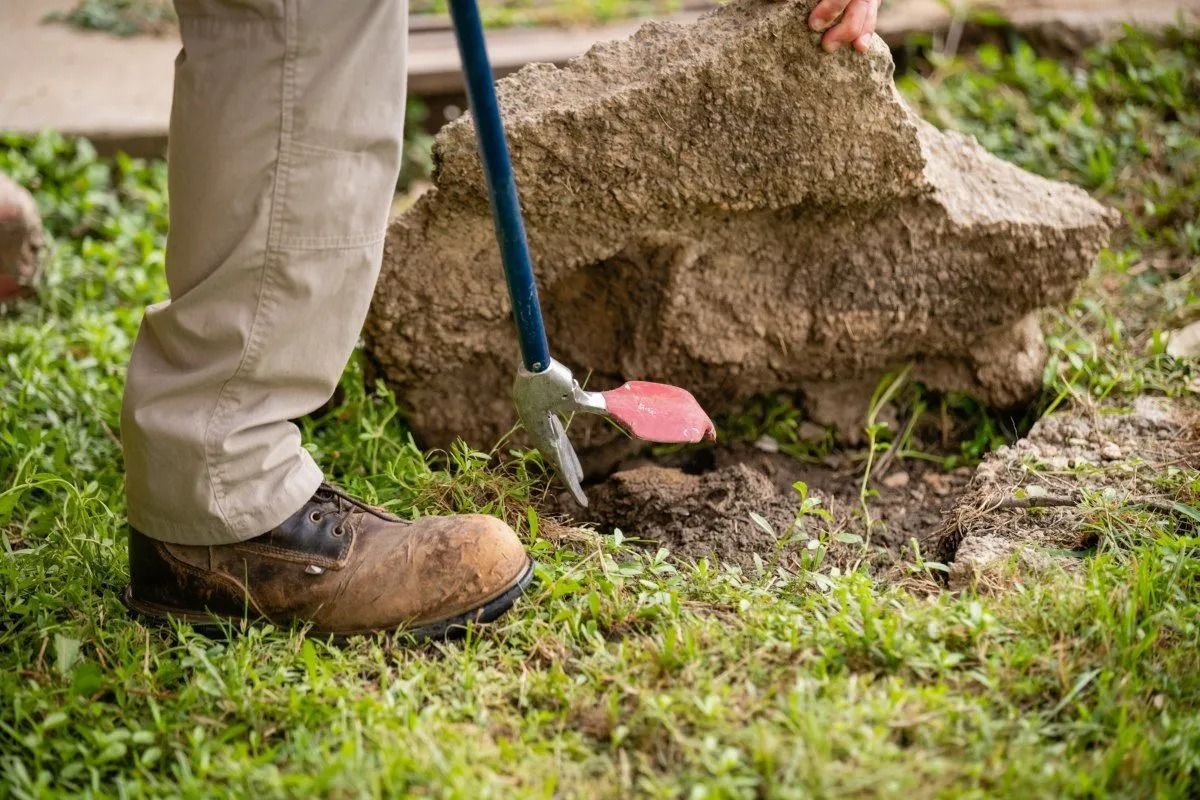 A person uses a garden tool to pry a large, rough rock out of the grass.