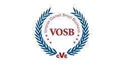 The Veteran Owned Small Business (VOSB) certification logo, featuring blue laurel leaves and red text on a white background.