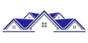 Stylized blue and gray rooftops with three houses in a row