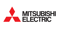 The Mitsubishi Electric logo features three red diamonds arranged in a triangle next to the black text 