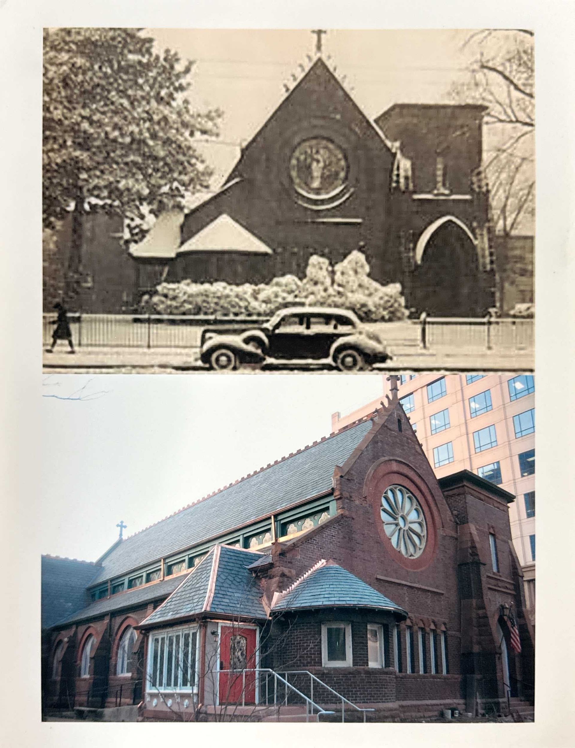 Comparison of a church: top photo is black and white, showing a car in front. Bottom photo is in color with a modern building nearby.