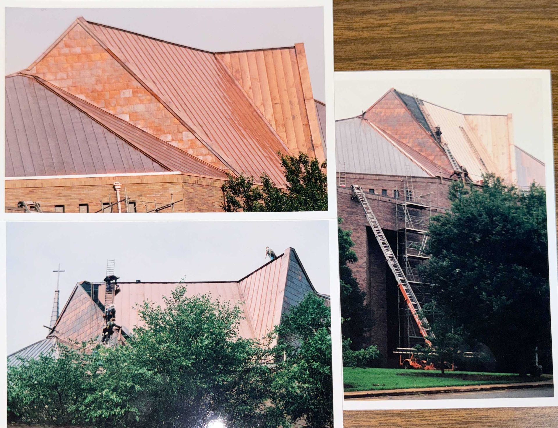 Three photos of a brick building with a multi-faceted, copper-colored metal roof. One shows a long ladder next to the building.