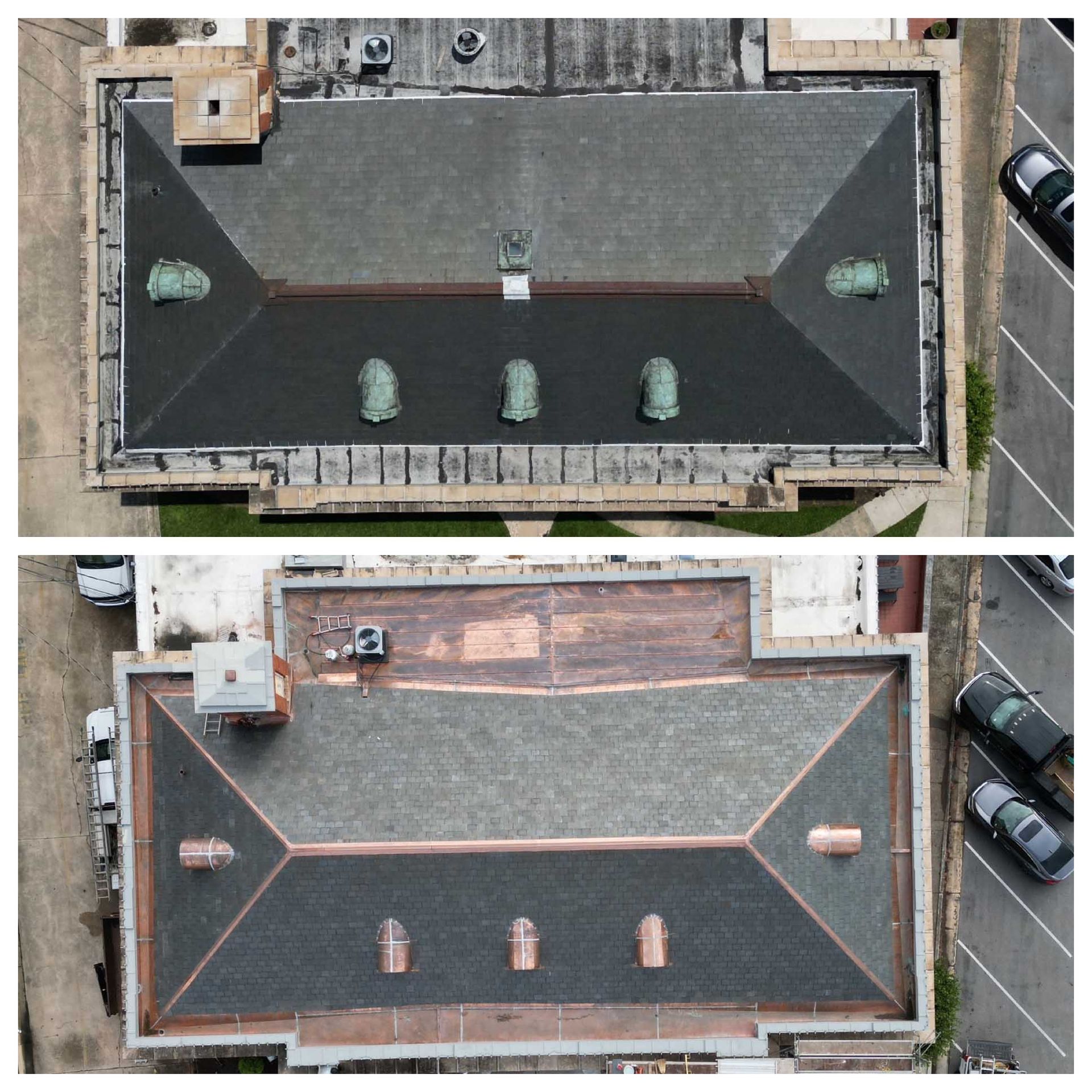 Top-down view of a building roof before (top) and after (bottom) renovation; showing different materials and color changes.