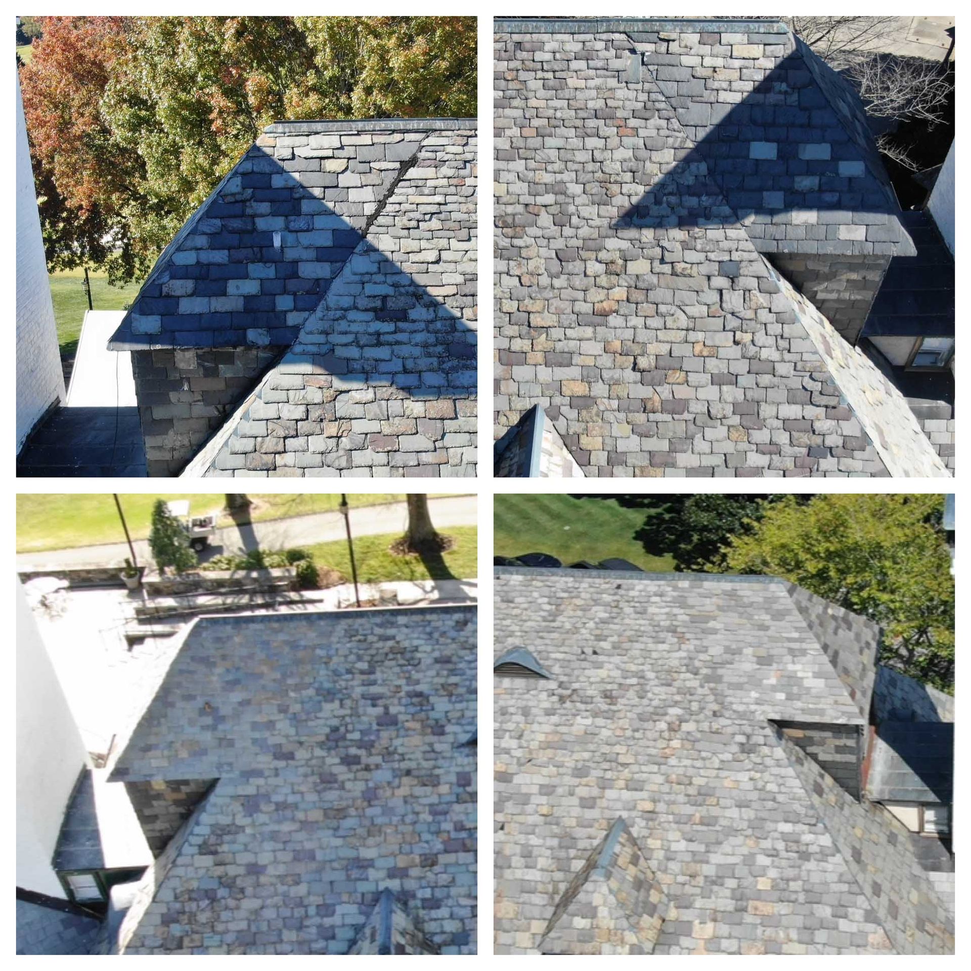 Four aerial views of a slate roof with varying angles, showing the textured gray tiles.
