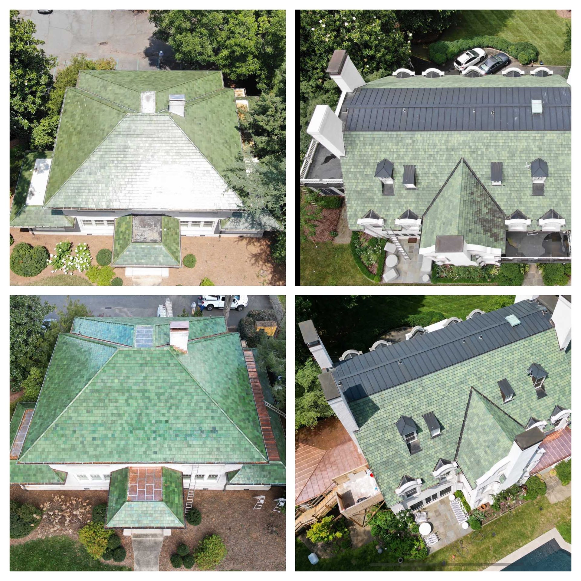 Four aerial views of a house with a green roof; two views show solar panels installed on the roof.